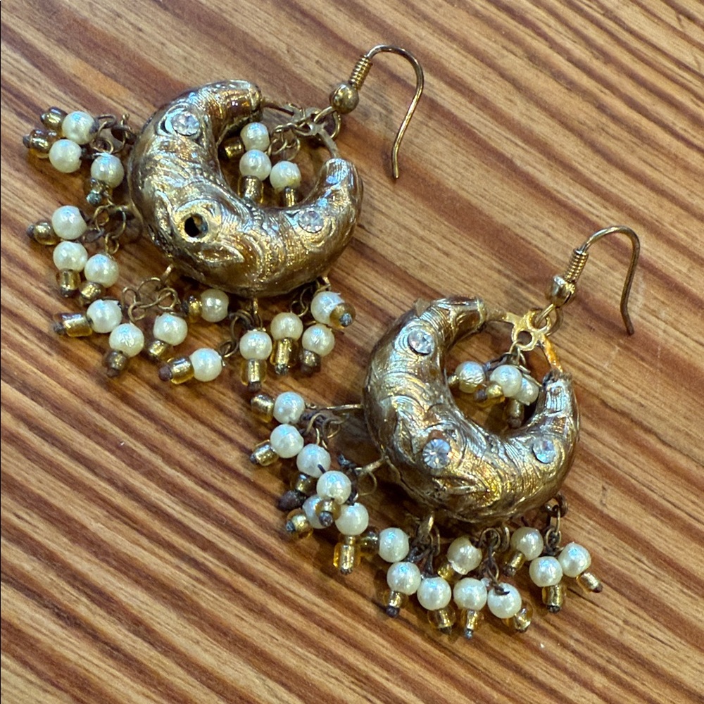 Victorian Style Gold Embossed Hoops w/ Dangling Seed Pearls - Picture 3 of 4